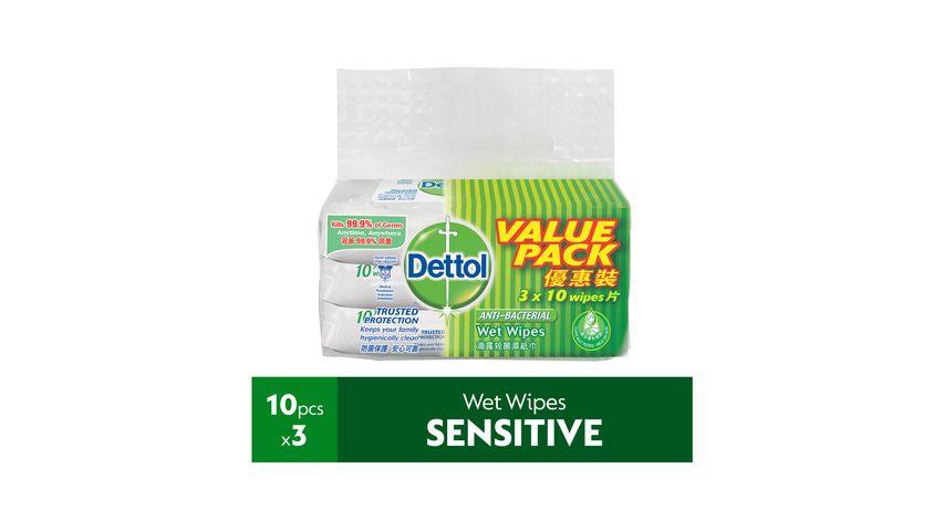 Dettol Anti Bacterial Sensitive Wet Wipes 10pcs x 3 packs