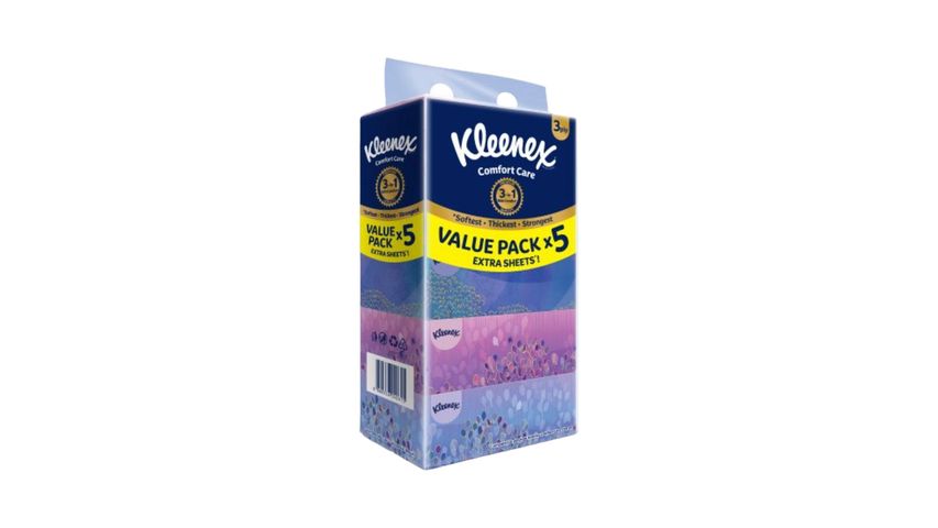 Kleenex Facial Tissue Box (3 Ply) Comfort Care Design 90 x 5 Boxes
