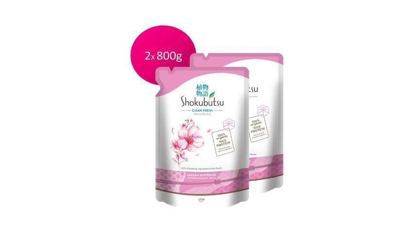 Shokubutsu Clean Fresh Shower Foam (Sakura Whitening) Refill 800g x 2 Packs