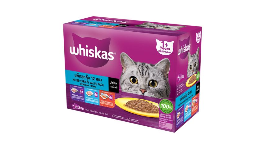 Whiskas Cat Food Wet Pouch - Mackerel, Ocean Fish, Mackerel & Salmon Flavour 12 Packs x 80g