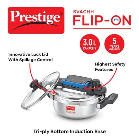 Prestige Svachh Flip on Stainless Steel Spillage Control Pressure Cooker with Glass Lid 3 L