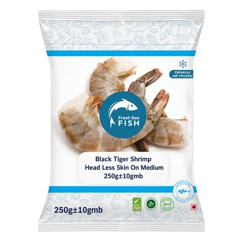 Fresh Sea Fish Black Tiger Shrimp Head Less Skin On Medium 250g ±10g