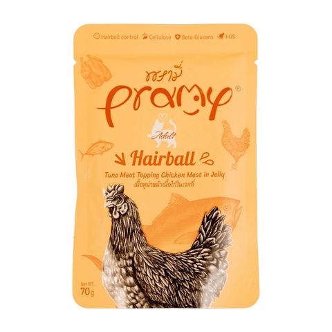 Pramy Hairball Pouch Tuna Meat Topping Chicken Meat In Jelly For Adult 70g 