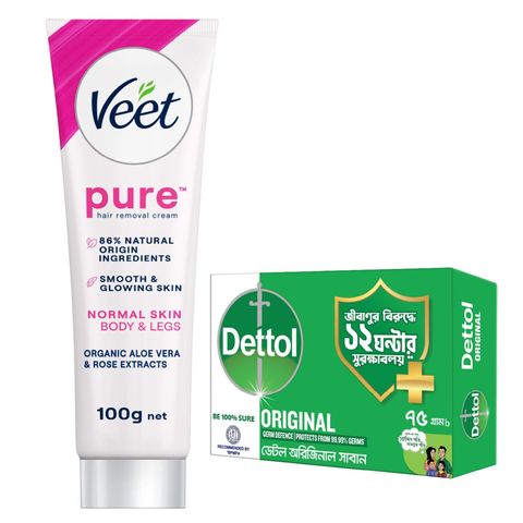 Buy Veet Pure Hair Removal Cream Normal Skin Aloe Vera & Rose Smooth Skin in Minutes 100g & Get Free Dettol Original Soap 75g 