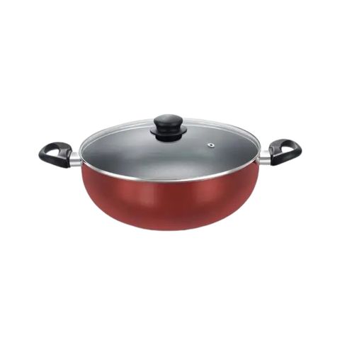 Prestige Omega Deluxe Aluminium Non Stick Round Base Deep Kadai With Glass Lid Red 24cm 1 Piece