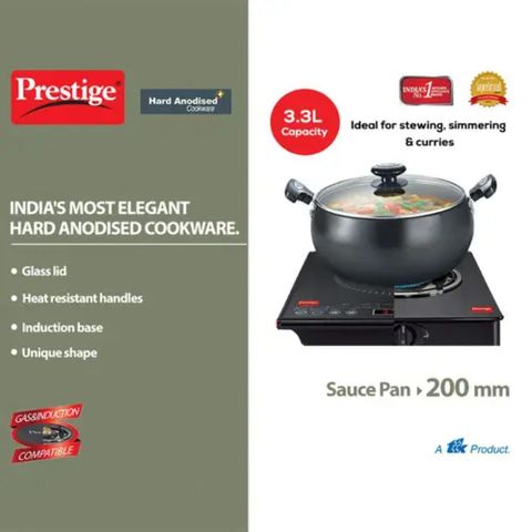 Prestige Hard Anodised Plus Gas And Induction Compatible Sauce Pan With Glass Lid Black 20cm 1 Piece