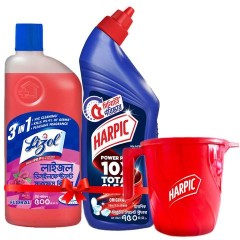 (Buy & Get 1 Mug Free) Harpic 750ml Toilet Cleaner & Lizol Floral Surface Cleaner 500ml