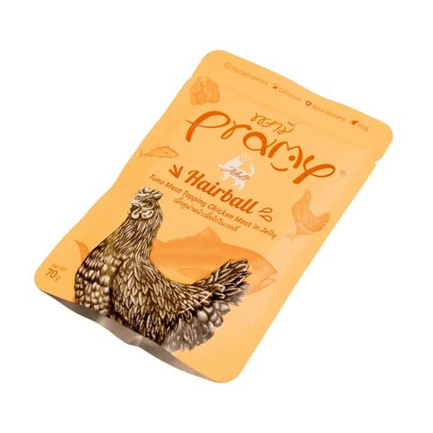 Pramy Hairball Pouch Tuna Meat Topping Chicken Meat In Jelly For Adult 70g 