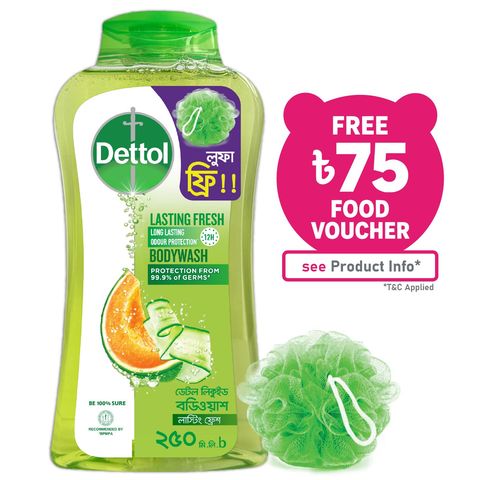 Buy 1 Dettol Lasting Fresh Bodywash Melon & Cucumber Fragrance 250ml & Get Free Loofah 1 Piece