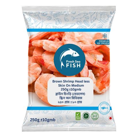 Fresh Sea Fish Brown Chingri Head less Skin On Medium 250g ±10g
