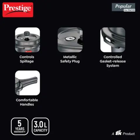 Prestige Popular Svachh Hard Anodised Pressure Cooker 5L 1 Piece
