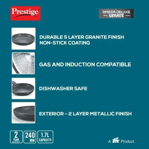 Prestige Omega Deluxe Granite Non Stick Round Base Fry Pan With Glass Lid 1.7L Black 1 Piece