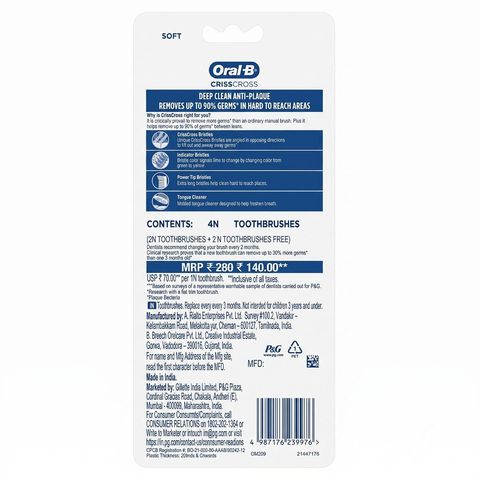 Oral-B Toothbrush CrissCross Deep Clean Anti-Plaque Soft 4 Pieces