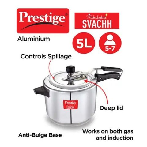 Prestige Nakshatra Plus Svachh Aluminium Spillage Control Pressure Cooker 5L Silver 1 Piece