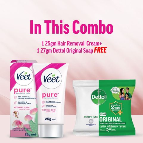 Buy Veet Pure Hair Removal Cream 25g Normal Skin Aloe Vera & Rose Smooth Skin in Minutes & Get Free Dettol Original Mini Soap 27g 