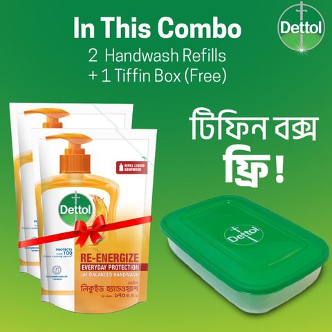 (Buy & Get Tiffin Box Free) Dettol Handwash Re Energize Refill Double Pack 170ml