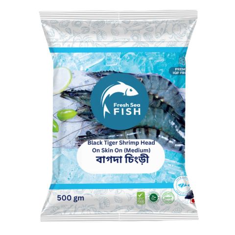 Black Tiger Shrimp Head On Skin On Medium 500g