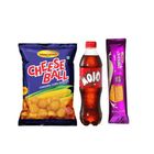 Olympic Energy Plus Malai Cream Biscuit 35g 3 Pack & Bombay Sweets Cheese Ball Chips 18g +- 3g 3 Pack & Mojo Pet 250ml 3 Pack Combo
