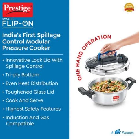 Prestige Svachh Flip on Stainless Steel Spillage Control Pressure Cooker with Glass Lid 3 L