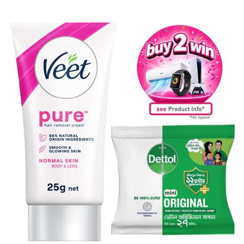 Buy Veet Pure Hair Removal Cream 25g Normal Skin Aloe Vera & Rose Smooth Skin in Minutes & Get Free Dettol Original Mini Soap 27g
