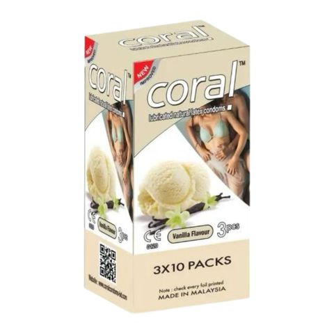 Coral Vanilla Flavors Lubricated Natural Latex Condoms Single Malaysia 3 Pieces