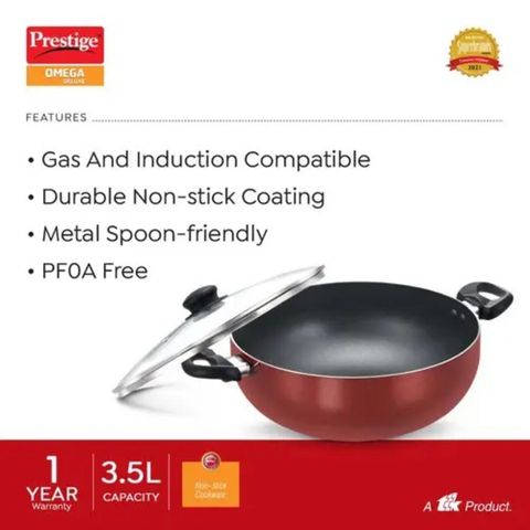 Prestige Omega Deluxe Aluminium Non Stick Round Base Deep Kadai With Glass Lid Red 24cm 1 Piece