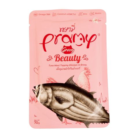 Pramy Beauty Pouch Tuna Meat Topping Chicken Meat In Gravy For All Cats 70g 