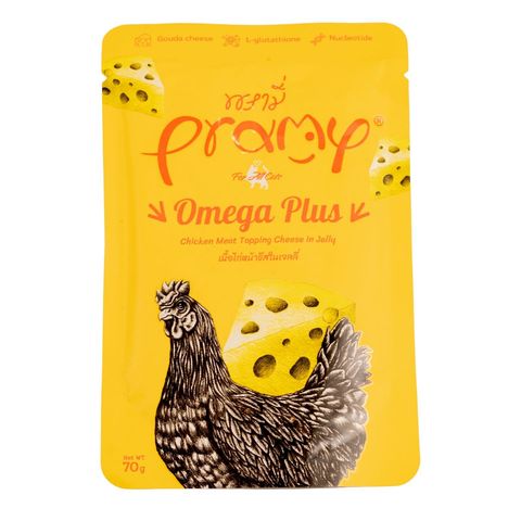 Pramy Omega Plus Pouch Chicken Meat Topping Cheese In Jelly For All Cats 70g 