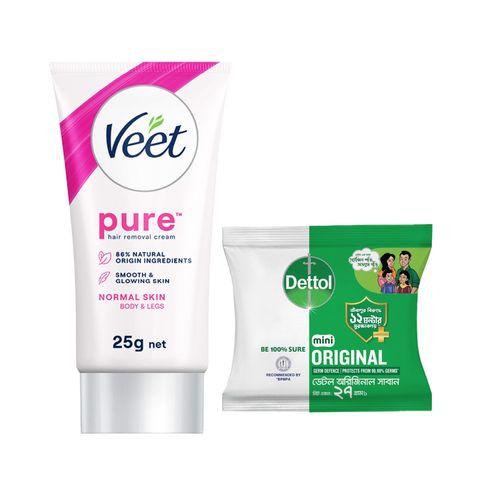 Buy Veet Pure Hair Removal Cream 25g Normal Skin Aloe Vera & Rose Smooth Skin in Minutes & Get Free Dettol Original Mini Soap 27g 