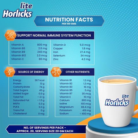 Horlicks Lite Health and Nutrition Drink Jar 400g (Powder Drink)