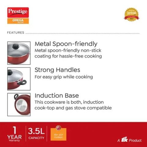Prestige Omega Deluxe Aluminium Non Stick Round Base Deep Kadai With Glass Lid Red 24cm 1 Piece
