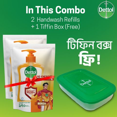 (Buy & Get Tiffin Box Free) Dettol Handwash Re Energize Refill Double Pack 170ml