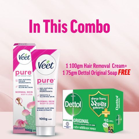 Buy Veet Pure Hair Removal Cream Normal Skin Aloe Vera & Rose Smooth Skin in Minutes 100g & Get Free Dettol Original Soap 75g 