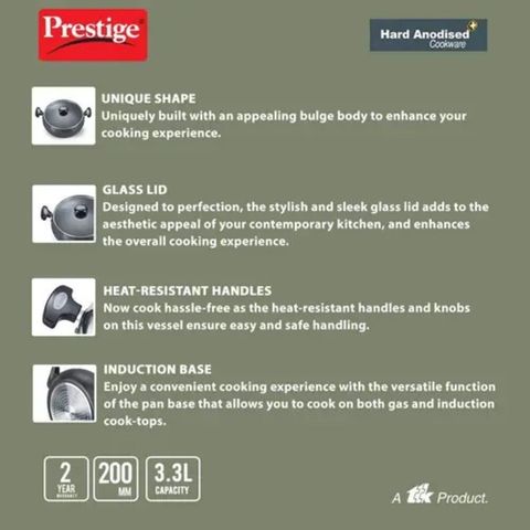 Prestige Hard Anodised Plus Gas And Induction Compatible Sauce Pan With Glass Lid Black 20cm 1 Piece