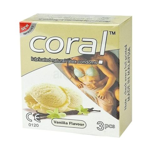 Coral Vanilla Flavors Lubricated Natural Latex Condoms Single Malaysia 3 Pieces