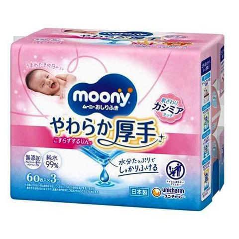 尤妮佳 Moony 嬰兒柔軟 加厚濕巾 3 x 60片 [平行進口]