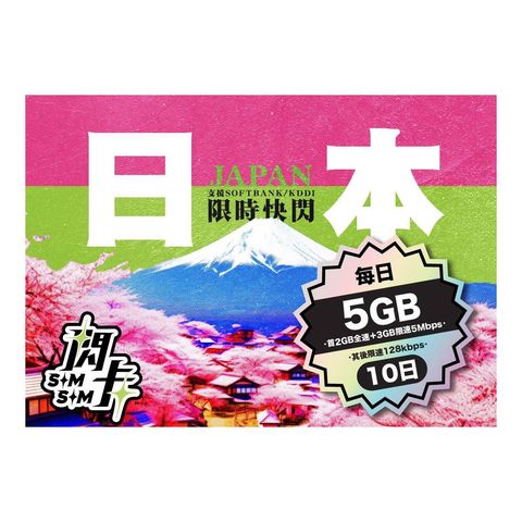 閃卡 日本10日 5G 上網卡 | Softbank / KDDI 雙網 | 每日 5GB (2GB 全速 + 3GB 5mbps) + 無限數據 128kbps 1件
