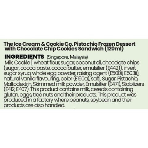 The Ice Cream & Cookie Co. Pistachio Frozen Dessert with Chocolate Chip Cookies Sandwich 120ml