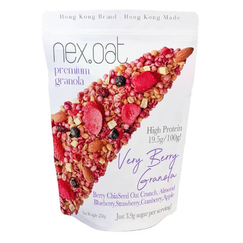 Nex. Oat Premium Granola - High Protein Very Berry Granola (Berry Chia Seed Oat Crunch, Almond, Blueberry, Strawberry, Cranberry and Apple) 250g