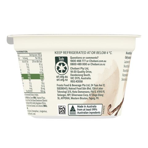 Chobani No Sugar Added Vanilla Greek Yogurt 150g