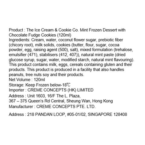 The Ice Cream & Cookie Co Mint Frozen Dessert with Chocolate Cookies Sandwich 120ml