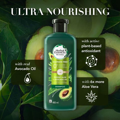 Herbal Essences Sulphate Free Ultra Nourishing Potent Aloe and Avocado Oil 90% Natural Origin Shampoo 400ml