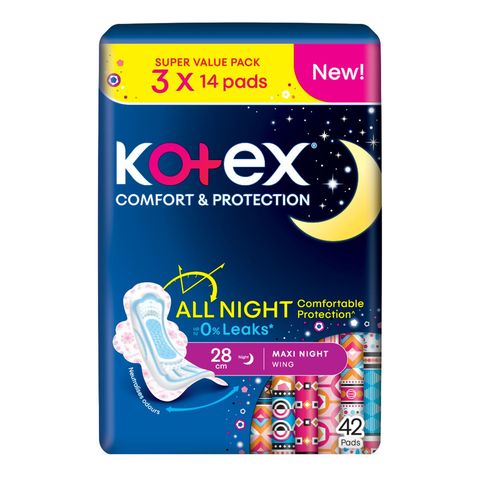 Kotex Comfort and Protection Maxi Overnight Wing (28cm) 3 x 14 Pieces