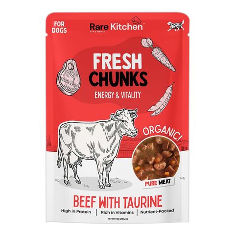 Rare Kitchen Fresh Chunks Nuggets Real Meat Organic Wet Food Pouch Premium Fresh Chunks Beef 150g