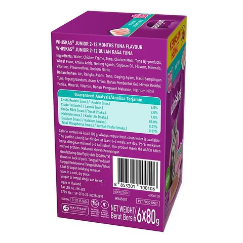 Whiskas Junior Tuna Wet Cat Food Pouches Value Pack 6 x 80g