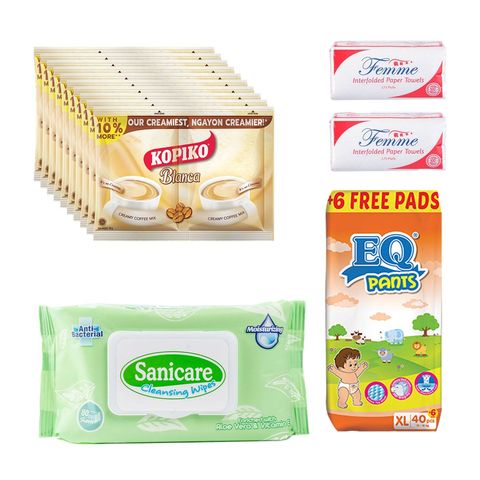 Kopiko Cafe Blanca Twin Pack 10 x 58g + EQ Baby Diaper Pants XL 40s + Sanicare Cleansing Wipes 80 Pieces + Femme Interfolded Paper Towel