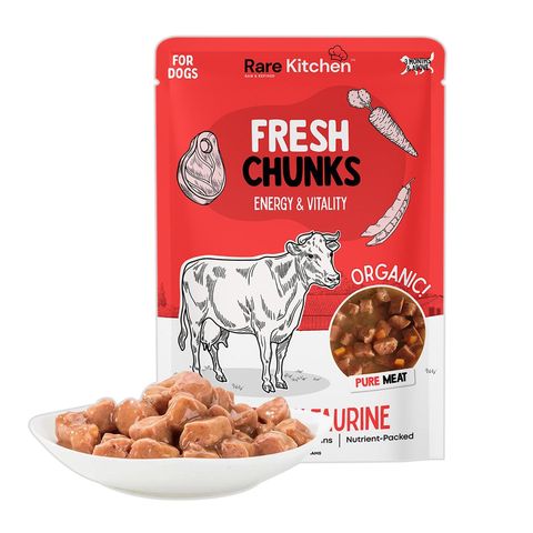 Rare Kitchen Fresh Chunks Nuggets Real Meat Organic Wet Food Pouch Premium Fresh Chunks Beef 150g