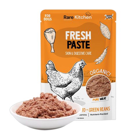 Rare Kitchen Premium Fresh Paste Real Meat Organic Meal Wet Food Pouch Meal Chicken + Sweet Potato + Green Beans 100g