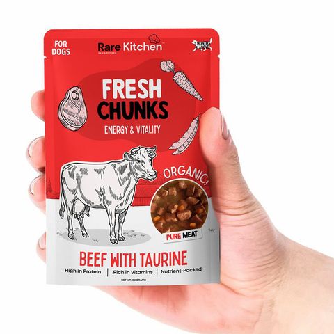 Rare Kitchen Fresh Chunks Nuggets Real Meat Organic Wet Food Pouch Premium Fresh Chunks Beef 150g