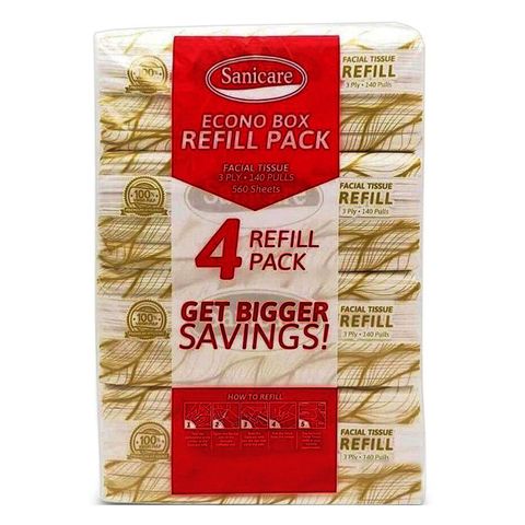 Sanicare Facial Tissue 3 Ply 140 Pulls (Refill Pack) 4 Pieces